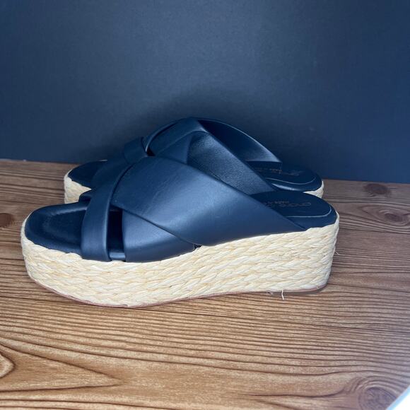 Andre Assous Dark Blue  Leather Espadrille Platform Slip On Wedge Sandals 39 EU - Picture 1 of 12